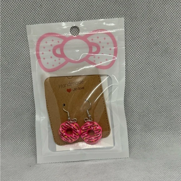 Handmade Bright Pink Donut Earrings - Picture 3 of 6